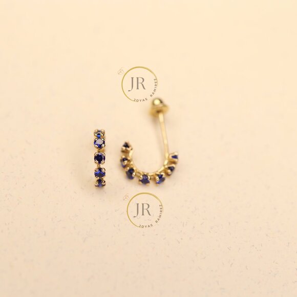 14K Solid Yellow Gold Huggies Hoops ·CZ in Pink, Multicolor, Red, Black and Blue - Picture 13 of 15